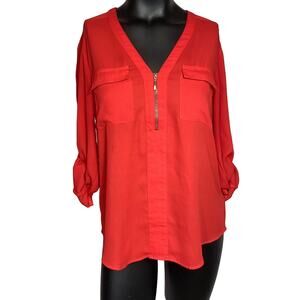 Express Womens Blouse Small Red Roll Tab Sleeve Pockets Gold Tone Zipper Accent